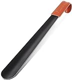 NINEMAX Shoe Horn Long Handle for Seniors - Metal, 16.5' Long, Boot Horn with Leather Handle for Men, Women