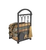 Lizh Metalwork Fireplace Log holder with Fireplace Tools, Wrought Iron Indoor Stove Accessories Firewood Rack Holder Lumber Storage Stacking Log Holder Log Bin with Tongs Shovel Poker and Brush