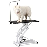 petgroomingtable 42.5 Inch Hydraulic Pet Dog Grooming Table Upgraded Professional Drying Table Heavy Duty Stainless Steel Frame with Adjustable Arm and Noose 400lbs Capacity Height Range 21-36 Inch