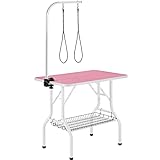 Yaheetech 36'' Dog Grooming Table, Adjustable Pet Foldable Grooming Table w/Double Loops/Mesh Tray Maximum Capacity Up to 220lbs, Pink