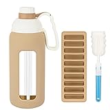 Zukro 50 oz Glass Water Bottle with Straw and Handle Lid, BPA Free Wide Mouth Large Glass Bottle with Silicone Sleeve,Leakproof Reusable Water Jug for Gym,Home,Workout, Khaki