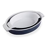 Sweejar Ceramic Au Gratin Dishes, Oval Baking Pan Set, Non-Stick Roasting Pan with Handles, Serving Casserole Dishes for Oven, Lasagna, 13.8 x 8.7 Inches, Set of 2 (Navy)