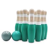 Sterling Sports Wooden Lawn Bowling 9' Skittles Set with Carrying Mesh Bag for Indoors and Outdoors - 10 Wooden Pins and 2 Balls, Green/Turquoise and Gray