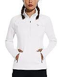BALEAF Women's Fleece Running Jacket Half-Zip Athletic Pullover Long Sleeve Thermal Shirts Workout Winter Cold Weather White Medium