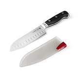 Sabatier Forged Triple-Rivet Santoku Knife with Self-Sharpening Blade Cover, High-Carbon Stainless Steel Knife, Razor-Sharp Kitchen Knife to Cut Fruit, Vegetables and more- 5-Inch, Black