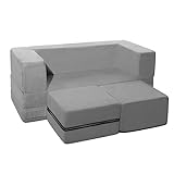 JHTOPJH Kids Couch,4-Piece Fold Out Toddler Play Couch,Floor Sofa Imaginative Furniture Play Set for Bedroom Playroom,Convertible Folding Kids Sofa for Creative Kids(Grey)
