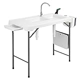 Allpop 42.5’’ Folding Fish Cleaning Table with Double Sinks, Portable Camping Fish Fillet Station with Faucet, Spray Nozzle, Drain Hose, Storage Box, Built-in Drawer& Knife Groove for Picnic, White