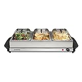 Proctor-Silex Buffet Server & Food Warmer, Adjustable Heat, for Parties, Holidays and Entertaining, Three 2.5 Quart Oven-Safe Chafing Dish Set, Stainless Steel