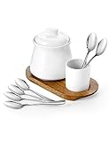 Nucookery Porcelain Sugar Bowl with Lid and Spoons, 14 oz. Large Sugar Container for Coffee Bar, Elegant Sugar Bowl Set with Stainless Steel Spoons (White, Silver Spoon)