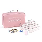AzulHome Mahjong Game Set, 144 Large 42mm(1.7') Melamine Tiles with 4 Dices 80 Poker Chips and One Storage Bag, Complete Traditional Mahjong Tiles Set, Large, Majiang, 麻将, Pink