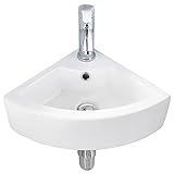 VASOYO Small Corner Bathroom Sink Wall Mount White Triangle Porcelain Ceramic Above Counter Mini Wall Vanity Vessel Sinks with Single Faucet Hole and Overflow