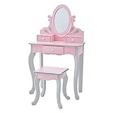 Teamson Kids Vanity, Girls Vanity Set with Mirror & Stool, 3 Storage Drawers, & Rotating Mirror, Little Princess Rapunzel Makeup Dressing Table, Pink/Gray
