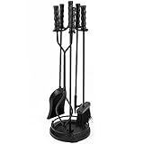 AMAGABELI GARDEN & HOME 5 Pieces Fireplace Tools Sets Wrought Iron Indoor Fireplace Set with Poker Tongs Broom Shovel Stand Fire Tools Outdoor Fire Place Fire Pit Hearth Accessories Sets Black