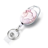 TJIHACNGE Badge Reels Retractable，Double Sided Color Print Pattern Retractable Badge Holders，With Retractable Keychain, Badge Clip and Key Ring，Durable Nylon Retractable Rope，Pink Marble