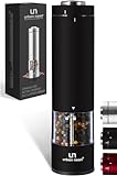 Electric Salt and Pepper Grinder - Battery Operated Stainless Steel Pepper Mill with Light (Black) - Automatic One Handed Operation - Electronic Adjustable Shaker - Ceramic Grinder