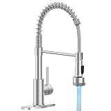 OWOFAN Kitchen Faucet with LED Sprayer Single Handle Pull Down Sprayer Spring Kitchen Sink Faucet with LED Light Brushed Nickel 9005SN