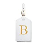 Initial Luggage Tag, PU Leather Luggage Tag, Embroidered Luggage Tag, Letter Luggage Tag, Monogrammed Luggage Tag, Luggage Tag for Baggage Bag Suitcase (B, White Leather+Gold Letter)