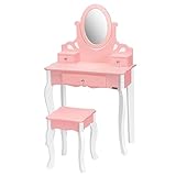 VIVOHOME Kids Vanity Set, Princess MDF Makeup Dressing Table with 360° Rotating Mirror and Drawers for Girls, Pink