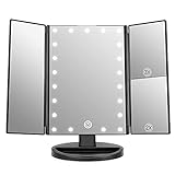 WEILY Makeup Mirror with 21 LED Lights,Two Power Supply Modes, Adjustable Touch Screen and 1x/2x/3x Magnification Tri-Fold Vanity Mirror, Gift for Women（Black）
