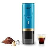 CERA+ Portable Espresso Machine, Self-Heating Electric Coffee Maker, 20 Bar Pressure Compatible with NS Pods & Ground Coffee for Travel, Camping, Office, Home(Blue)
