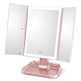 Makeup Mirror with 72 LED Lights - 2X 3X Magnification, Trifold Vanity Lighted Mirror, 3 Color Lighting Modes, Touch Screen Switch, Portable Countertop Cosmetic Mirror