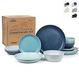 Grow Forward 16-piece Premium Wheat Straw Dinnerware Sets for 4 - Dinner Plates, Dessert Plates, Pasta Bowls, Cereal Bowls - Microwave Safe Plastic Plates and Bowls Sets, RV, Kitchen Dishes - Seascape