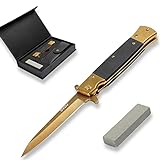 GVDV Folding Pocket Knife with G10 Handle, 7Cr17 Stainless Steel EDC Knife with Safety Liner-Lock, Camping Hunting Fishing Knife for Men Women, Gold