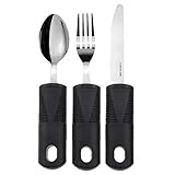 Vive Adaptive Utensil Set - Arthritis Aid Silverware for Parkinsons, Hand Tremors - Easy Grip for Shaking and Trembling Hands - Heavy Stainless Steel Spoon, Fork, Serrated Knife - Non Weighted Holder
