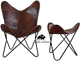 Brown Vintage Leather Arm Butterfly Chair | Genuine Tan Leather Butterfly Chair Home Décor | Handmade Chair (with Fold-able Stand & Stool) (with Foot Stool)
