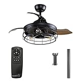 Parrot Uncle Ceiling Fans with Lights and Remote Farmhouse Black Ceiling Fan with Light and Retractable Blades for Bedroom, 36 Inch