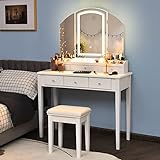 CHARMAID Large Vanity Set with Tri-Folding Lighted Mirror, 3 Color Lighting Modes, 6 Drawers, 12 Storage Compartments, Bedroom Makeup Dressing Table with Cushioned Stool for Women Girls, White