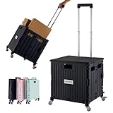 MACOPRO Folding Utility Cart Portable Rolling Crate Handcart Shopping Trolley Collapsible Tool Box, with Lid, Basket on 4 Rotate Wheels, for Grocery, Shopping, Office, Storage, Teacher (Black)