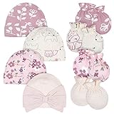 Gerber Baby Girls' 8-Piece Organic Cap and Mitten-Set, Pink Fox, Newborn