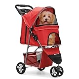 MoNiBloom 3 Wheels Pet Stroller, Foldable Puppy Cage Jogger Stroller with Weather Cover for All-Season, Storage Basket and Cup Holder, Breathable and Visible Mesh for Small/Medium Pets, Red