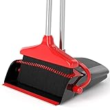 Broom with Dustpan Combo Set 54' Long Handle Adjustable Length Stainless Steel Broomstick Standing Dust Pan and Broom Set for Office Home Kitchen Lobby Floor Cleaning (Red and Black)