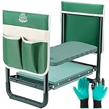 DEERFAMY Garden Stool 10.2' Width, Garden Kneeler and Seat Load Cap 350 lbs, Heavy Duty Gardening Stool with Extra Kneeling Pad, 2 Tool Pouches, Claw Gloves, Gift for Women Seniors, Green