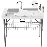 Hupmad 37' Folding Fish Cleaning Table w/Double Sinks & Faucet, Outdoor Portable Fillet Station w/Grid Frame, Knife & Standard Garden Spray Nozzle, Multifunctional Washing Table for Camping or Kitchen