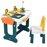Costzon 5 in 1 Kids Multi Activity Table and Chair Set, Building Block Table w/Double-Sided Board, Storage, Children Draw Table w/Pen Folding to Toddler Luggage, Gift for Boys & Girls