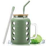 MUKOKO Glass Tumbler with Bamboo Lid and Straw, 50oz Glass Water Bottles with Time Marker, Iced Coffee Cup with Handle, Reusable Mug Cup Drinking Glasses with Silicone Sleeve BPA Free - Olive