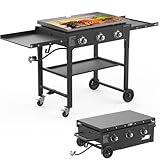 SKOK Foldable Gas Griddle-31.5 Inch Outdoor Propane Griddle, Portable Flat Top Gas Grill -45000 BTU Propane Fuelled, 3 Burners Table Top Griddle Station with Side Shelves