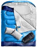 Double Sleeping Bag, Sleeping Bags for Adults with 2 Pillow, XL Queen Two Person Sleeping Bag for Cold Weather with Pocket and 240T Lining, Camping Sleeping Bag for Hiking/Backpacking/Truck/Tent