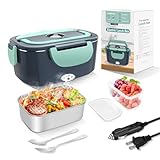 Electric Heated Lunch Boxes Adults: 80W Electric Lunch Box Food Heated 12/24/110V 1.5L Heatable Lunch Box for Car/Truck/Office Leak-Proof Stainless Steel Container, Fork & Spoon, Bag (Grey+Green)