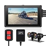 VSYSTO Fish Eye Camera WiFi Motorcycle Dash Cam, 150° Wide Angle SONYIMX307 Lens, 3' IPS Screen WDR HD 1080P Front & Rear Sports Action Camera DVR with GPS, Waterproof Case, G-Sensor Loop Recording