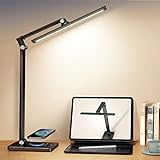 LED Desk Lamps for Home Office - Dimmable Desk Lamp with USB Charging Port, Desk Light with Wireless Charger, Eye-Caring Office Lamp for Desk Reading, Auto Timer, Touch Control Study Lamps for Dorm