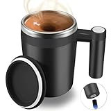 FCSWEET Self Stirring Mug,Rechargeable Auto Magnetic Coffee Mug with 2Pc Stir Bar,Waterproof Automatic Mixing Cup for Milk/Cocoa at Office/Kitchen/Travel 14oz Best Gift - Black