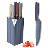 Knife Set, 6 Pcs Color-Coded Kitchen Knife Set with Block, 5 Color Anti-Rust Coating Stainless Steel Chef Knife Set, Super Sharp Kitchen Knives with Stand, Cooking Knives for Kitchen with Gift Box