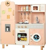 Bruvoalon Wooden Play Kitchen Toy Set for Kids, with Realistic Design, Sink with Faucet, Oven, Microwave, Utensils, Kitchenware Play Food Set Accessories, Birthday Gifts for Toddlers Boys Girls (Pink)