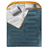 MEREZA Double Sleeping Bag for Adults Mens with Pillow, XL Queen Size Two Person Sleeping Bag for All Season Camping Hiking Backpacking 2 Person Sleeping Bags for Cold Weather & Warm (Blue&Yellow)