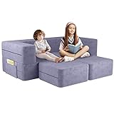 linor Kids Couch, Toddler Couch with Washable and Durable Covers, Modular Kids Sofa Couch, Foldable Loveseat & Two Ottoman, Fold Out Lounger (Blueberry)
