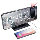 Mightree Projection Alarm Clock for Bedroom, Digital Alarm Clock with USB Charger, 7.4' Large LED Mirror Display Radio Alarm Clock, Dual Smart Alarm with Projection on Ceiling, Black